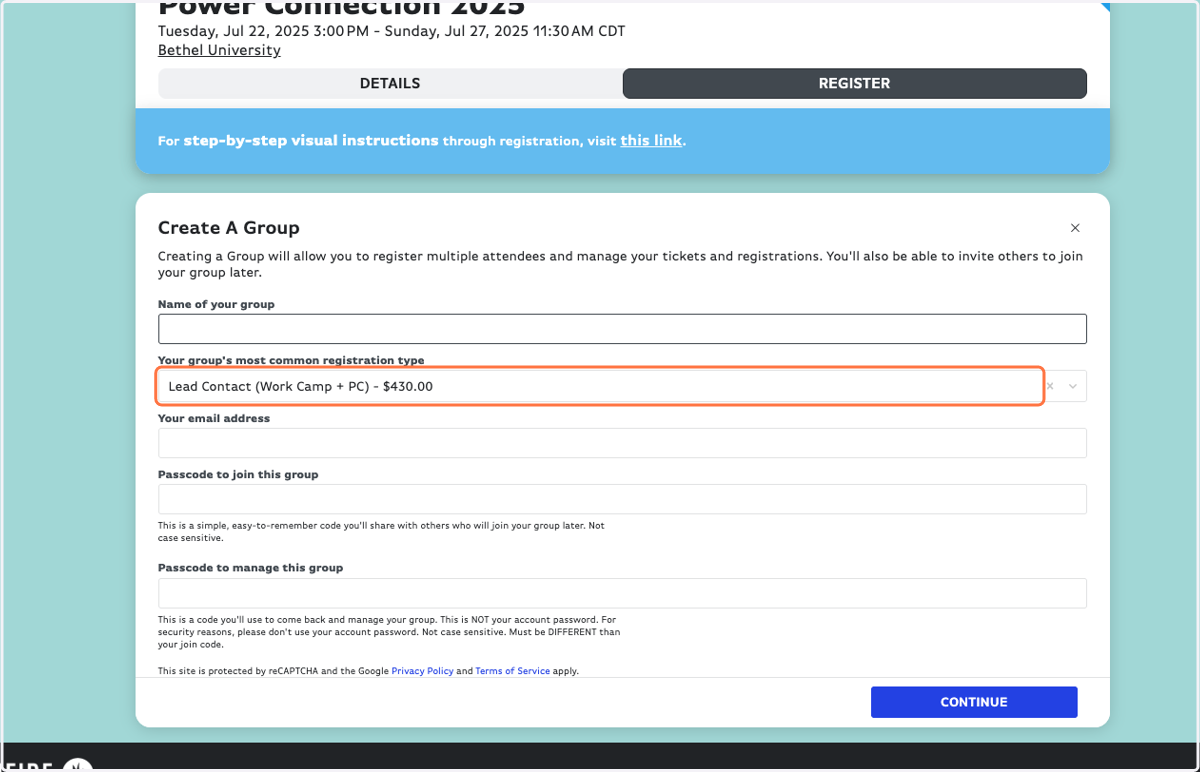 Choose your group's most common registration type (this doesn't matter!)