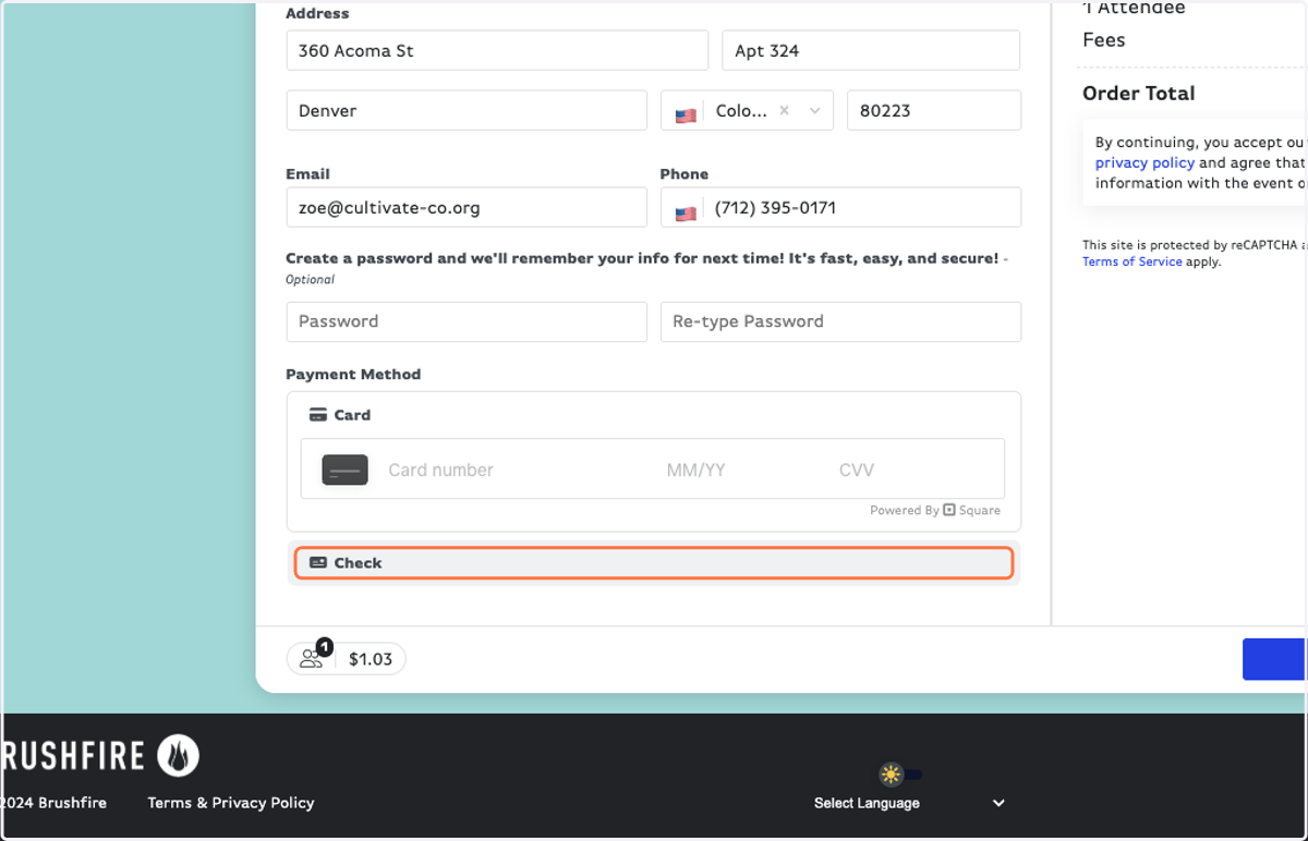 Fill in your card information OR select Check.