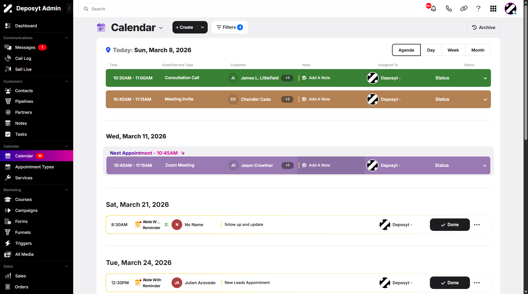 Step 3: Select an appointment, then click on Add a Note.