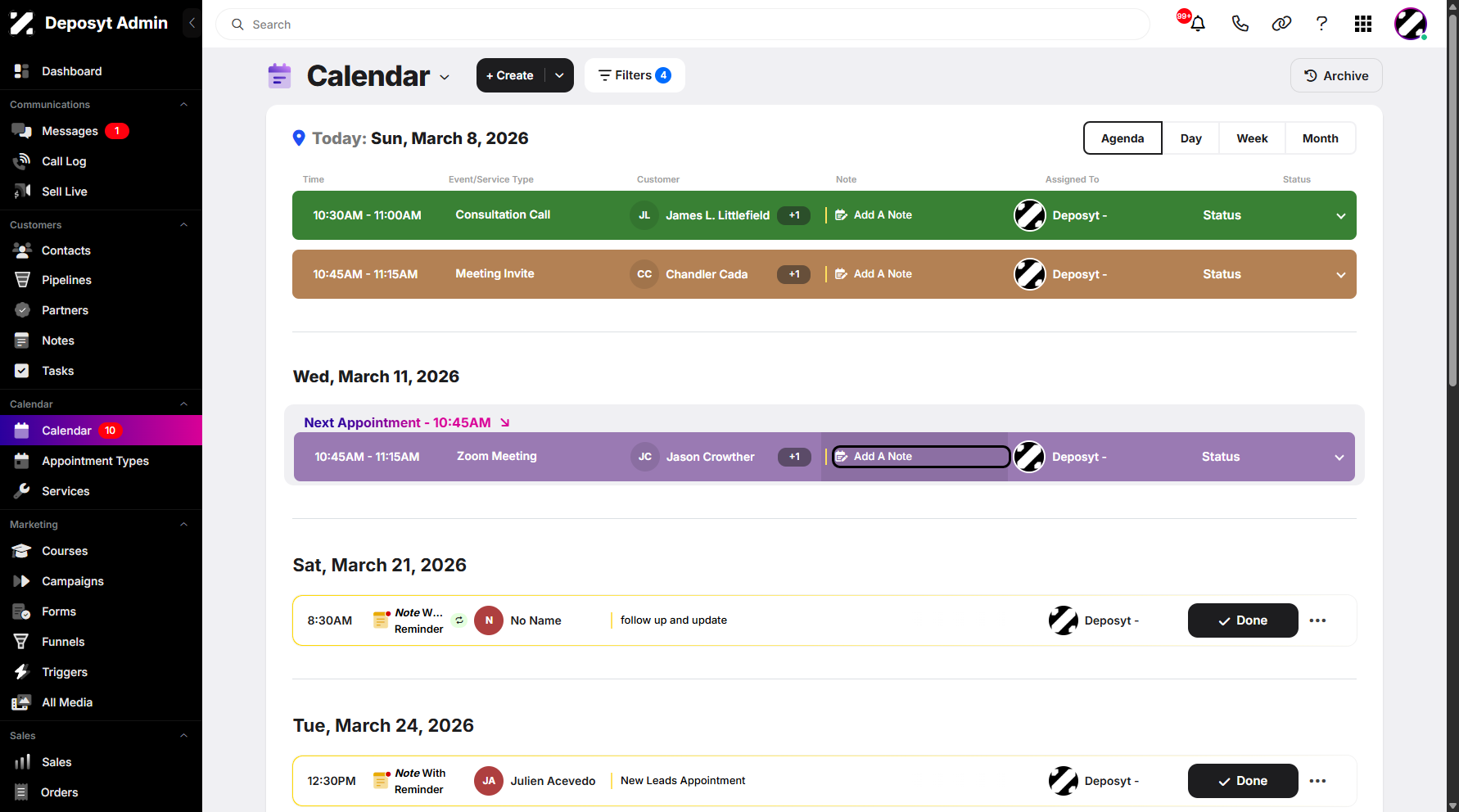 Step 3: Select an appointment, then click on Add a Note.
