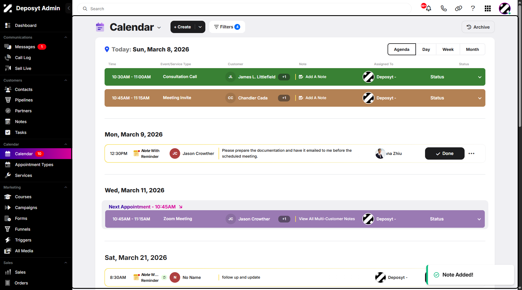 Step 6: A notification will appear confirming that you have successfully added a note to the appointment.