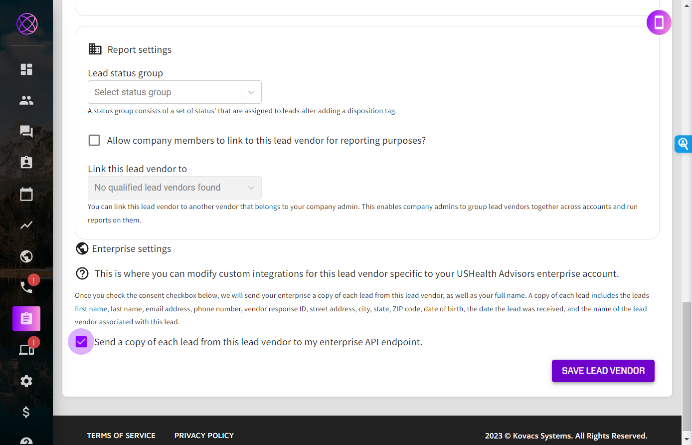 Click on SAVE LEAD VENDOR