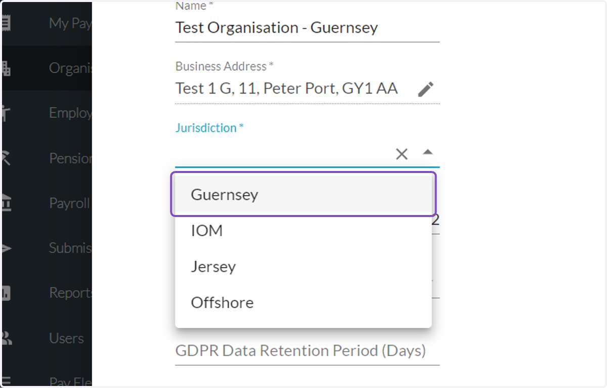 Click on Jurisdiction and select Guernsey