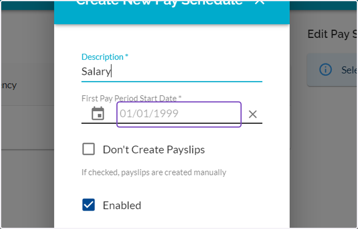 Click on Calendar Icon to select the First Pay Period Start Date (This is the pay date)