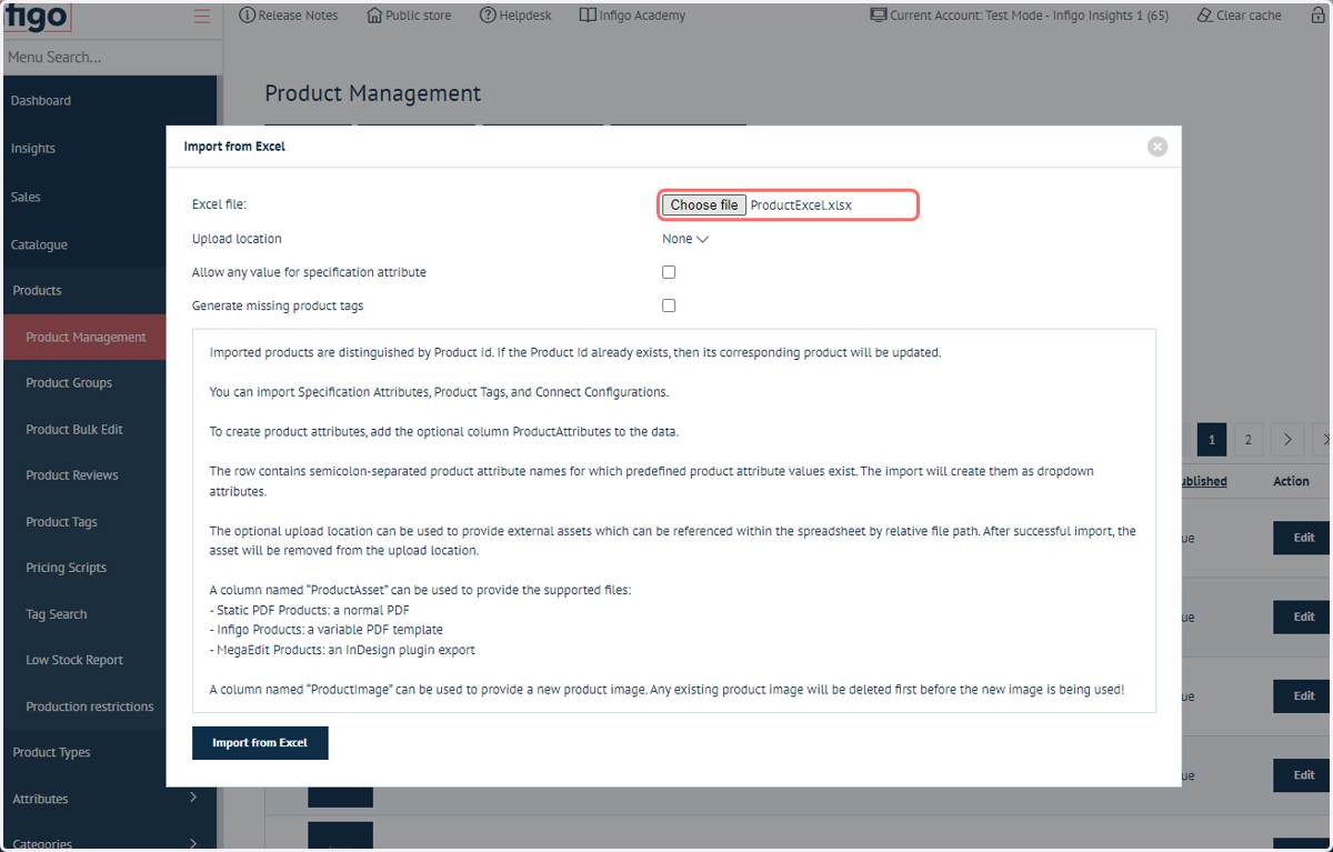 Select the Excel file to upload