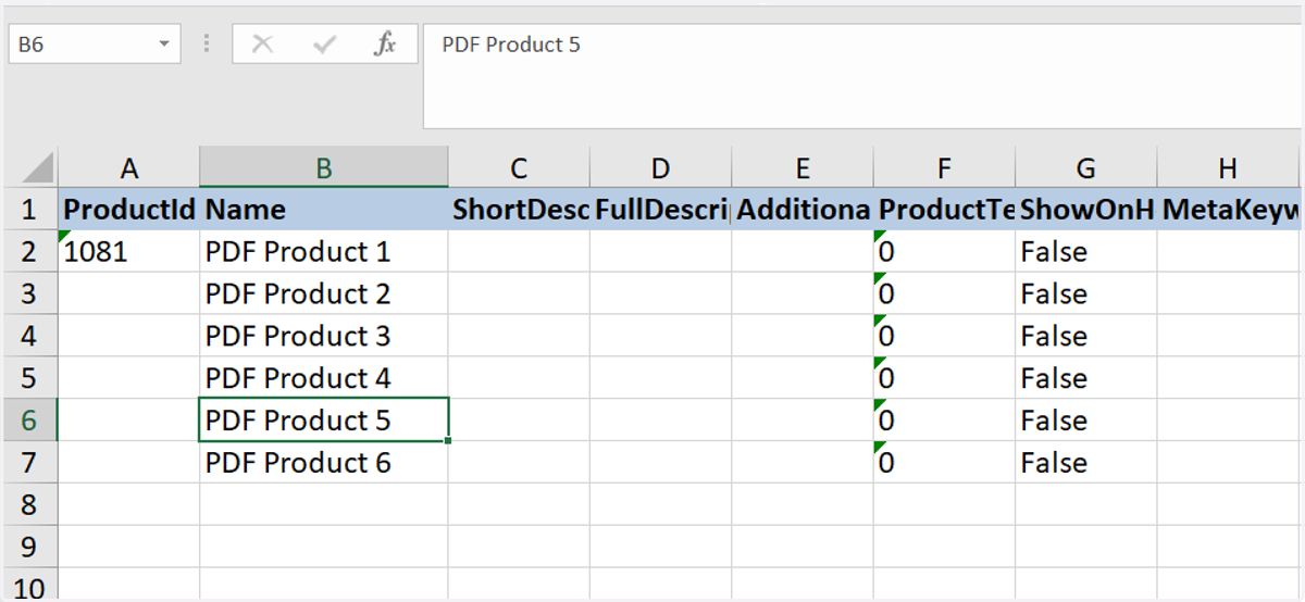 Within the Excel sheet, ensure there is an entry for each product you wish to upload a PDF against