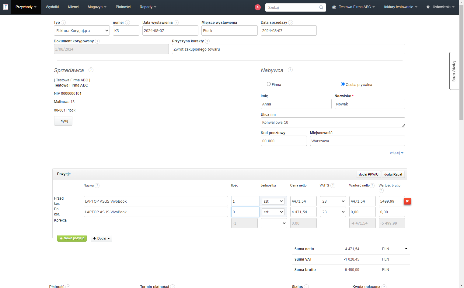 W wierszu 'Korekta' wykazana zostanie różnica między fakturą pierwotną, a wartością korekty.