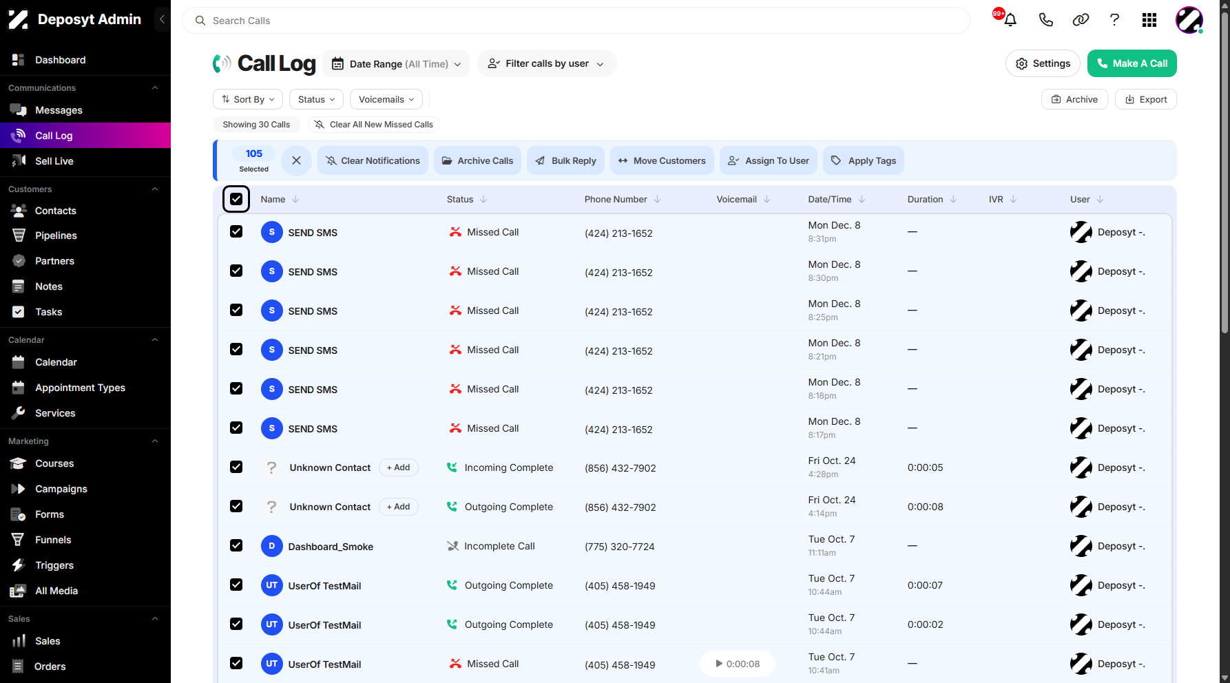 Step 4: Alternatively, you can click the Select All checkbox at the top to select all call history entries.