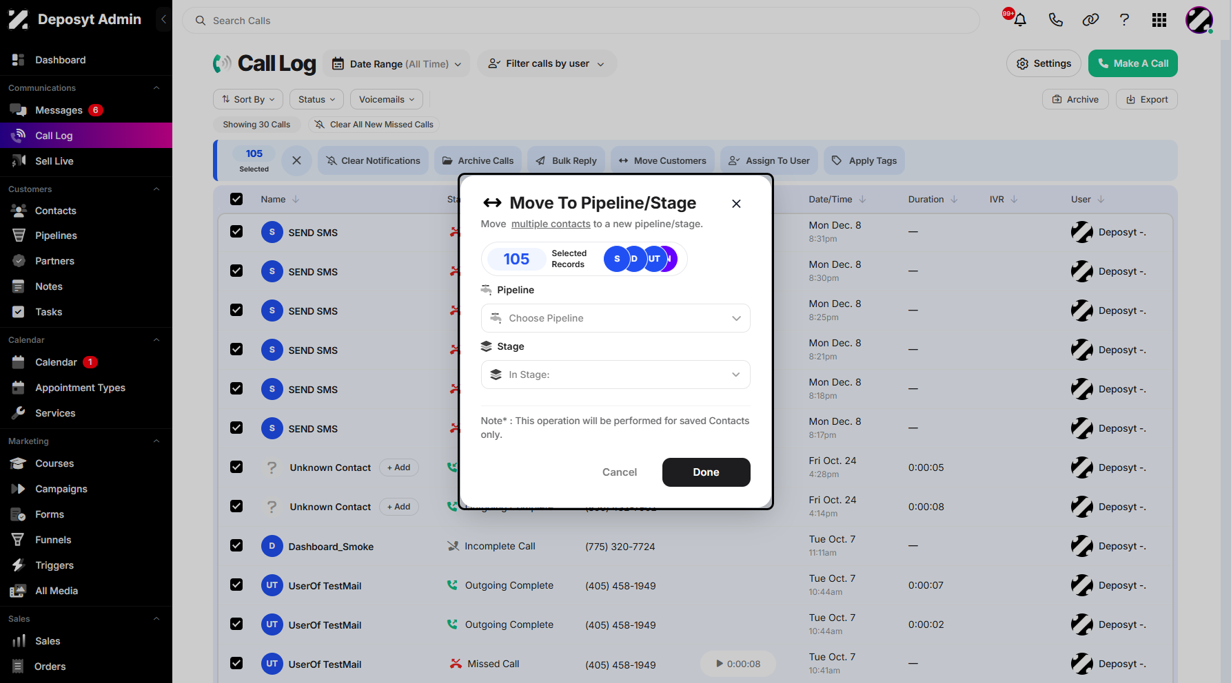 Step 7: A pop-up window will appear, allowing you to configure the action. You need to select a Pipeline and Stage. You can also view the total number of selected call history entries.