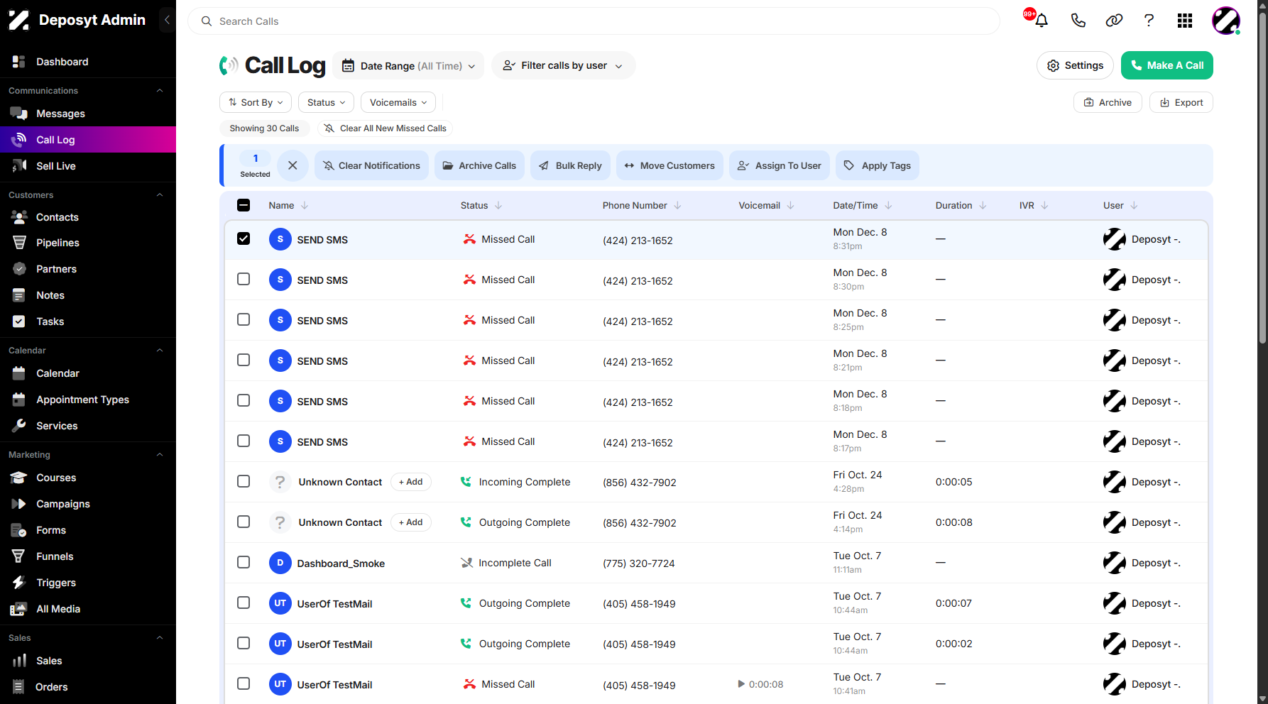 Step 3: To enable the Bulk Move Customers action, select a call history entry from the list by clicking its checkbox.