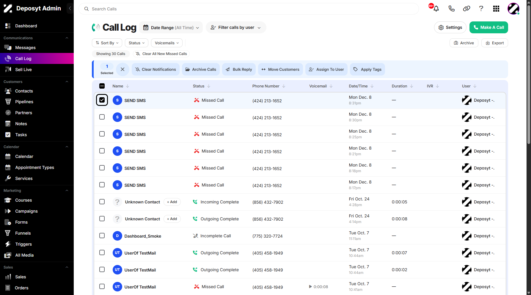 Step 3: To enable the Bulk Move Customers action, select a call history entry from the list by clicking its checkbox.