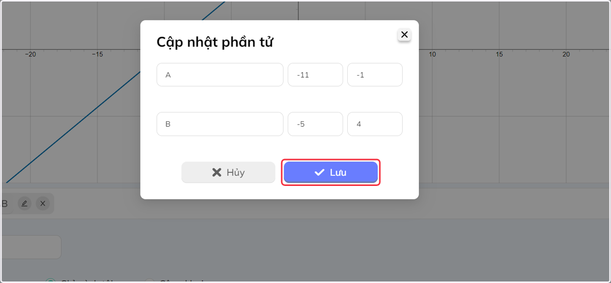 Sửa thông số cho các hình (tọa độ các điểm) và bấm Lưu