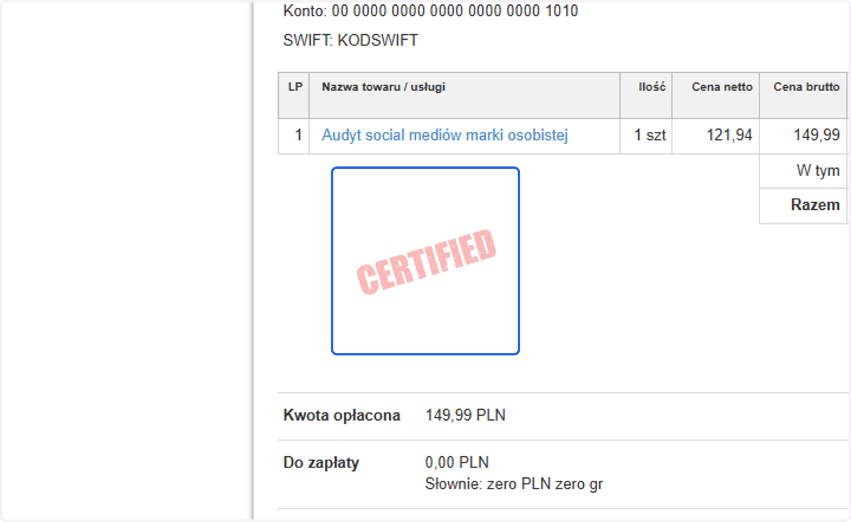 Wgrana dodatkowa pieczęć wyświetla się domyślnie pod pozycjami na fakturze.