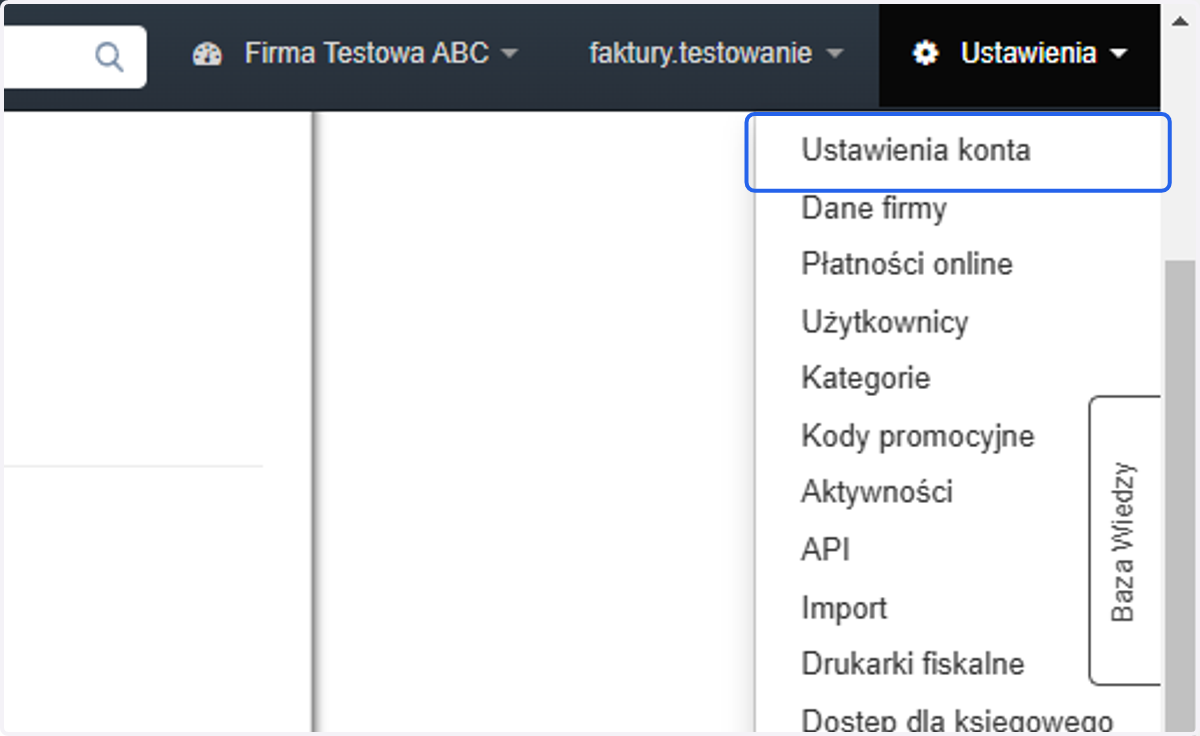 Następnie z listy wybierz 'Ustawienia konta'.