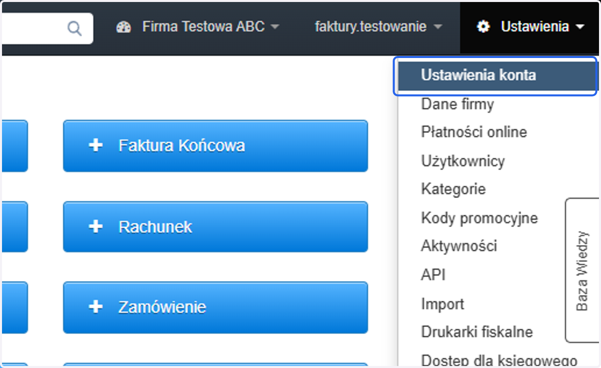Następnie z listy wybierz 'Ustawienia konta'.