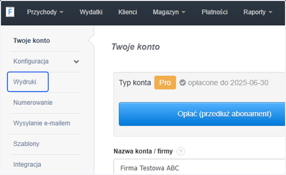 Z szarej belki po lewej stronie wybierz 'Wydruki'.