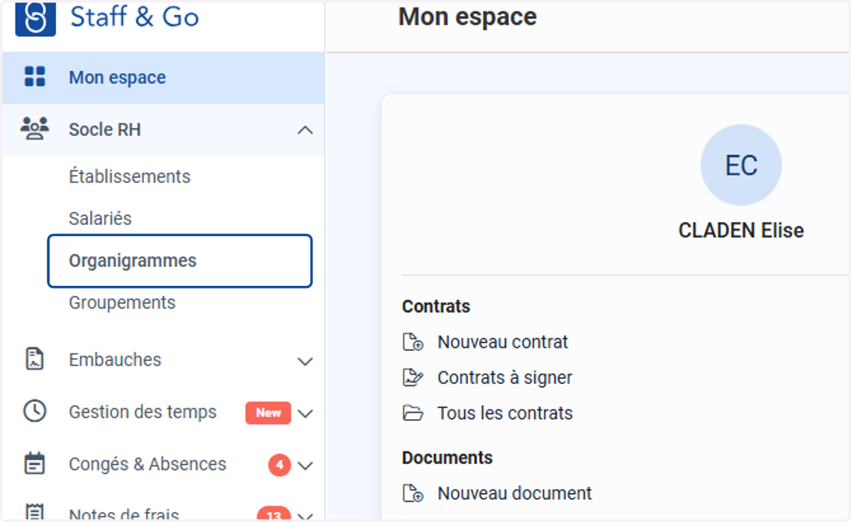 Accéder à l'organigramme depuis le menu latéral