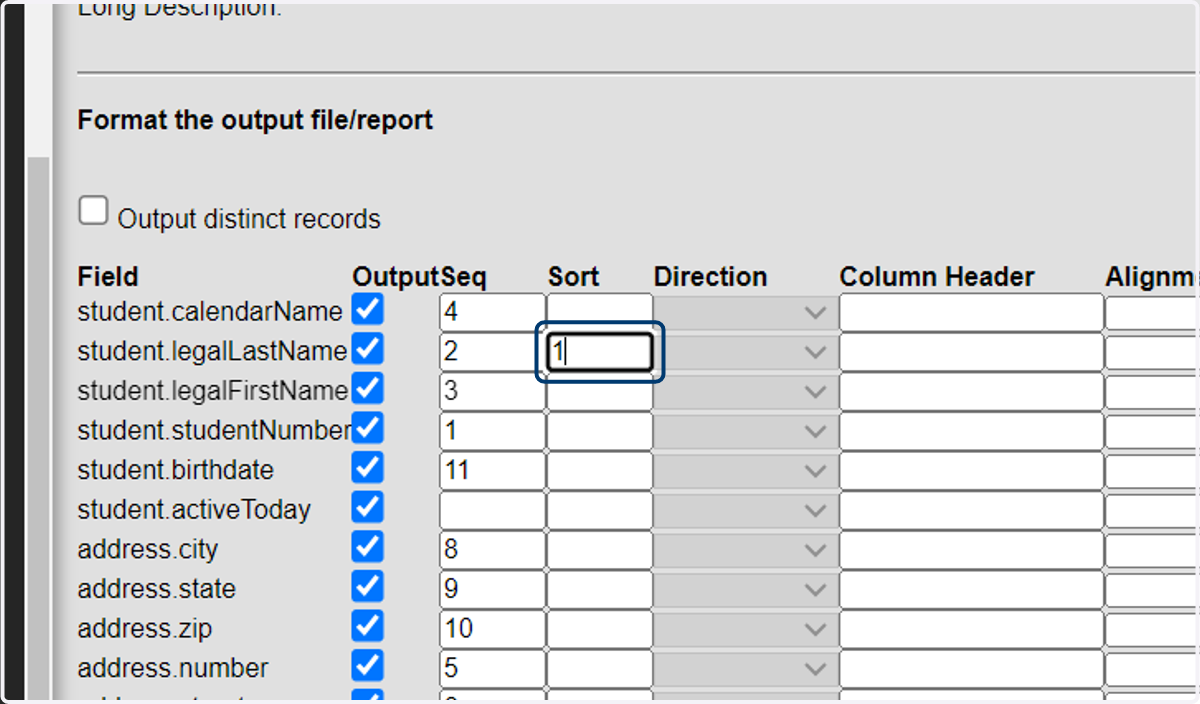 Set the sort order of the fields.