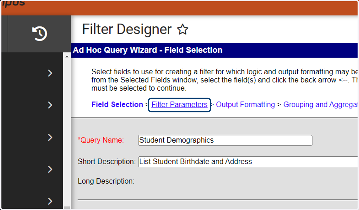 Click on Filter Parameters