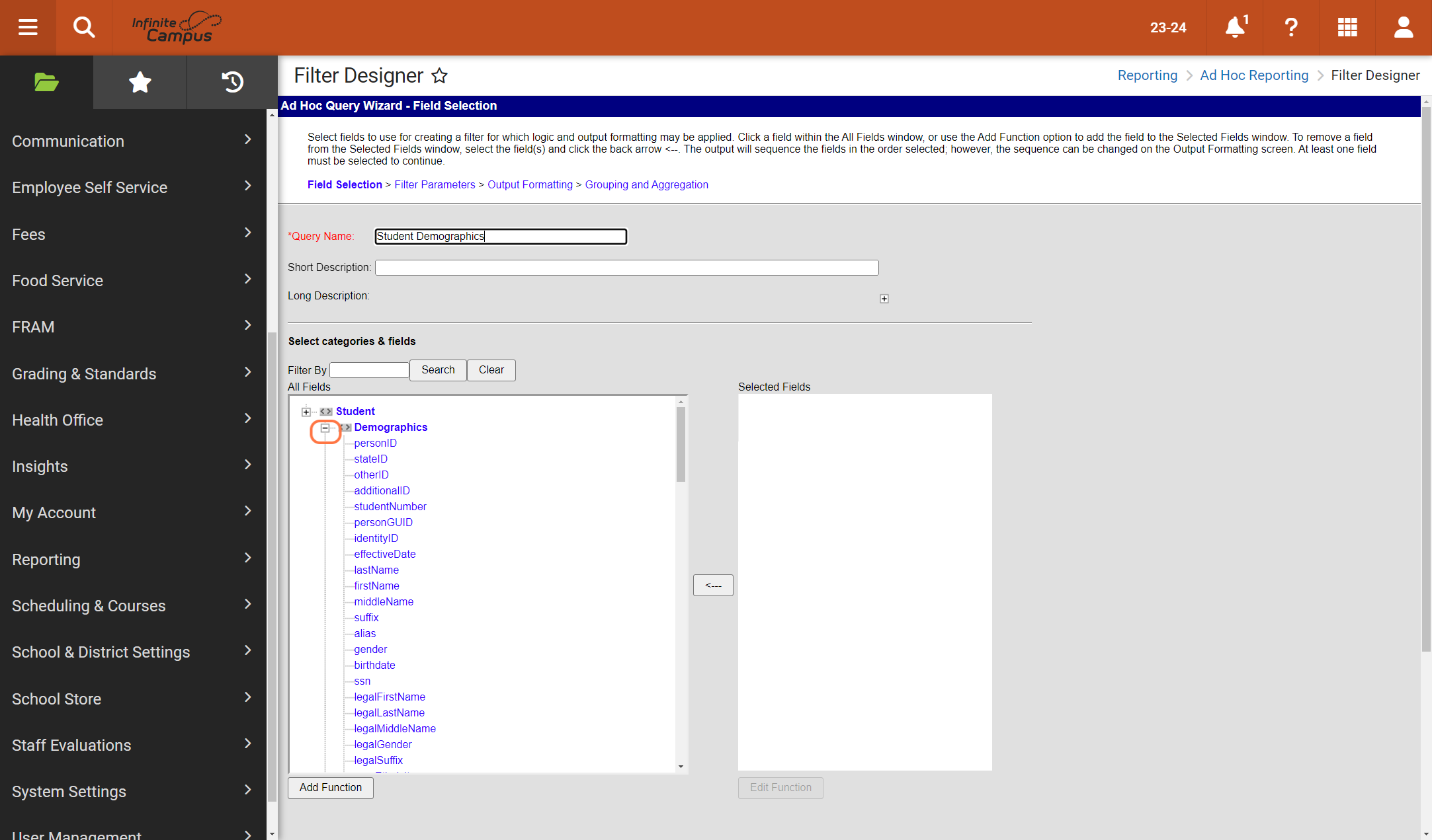 Choose the fields for the filter. Add the field "activeToday" to filter to active students only.