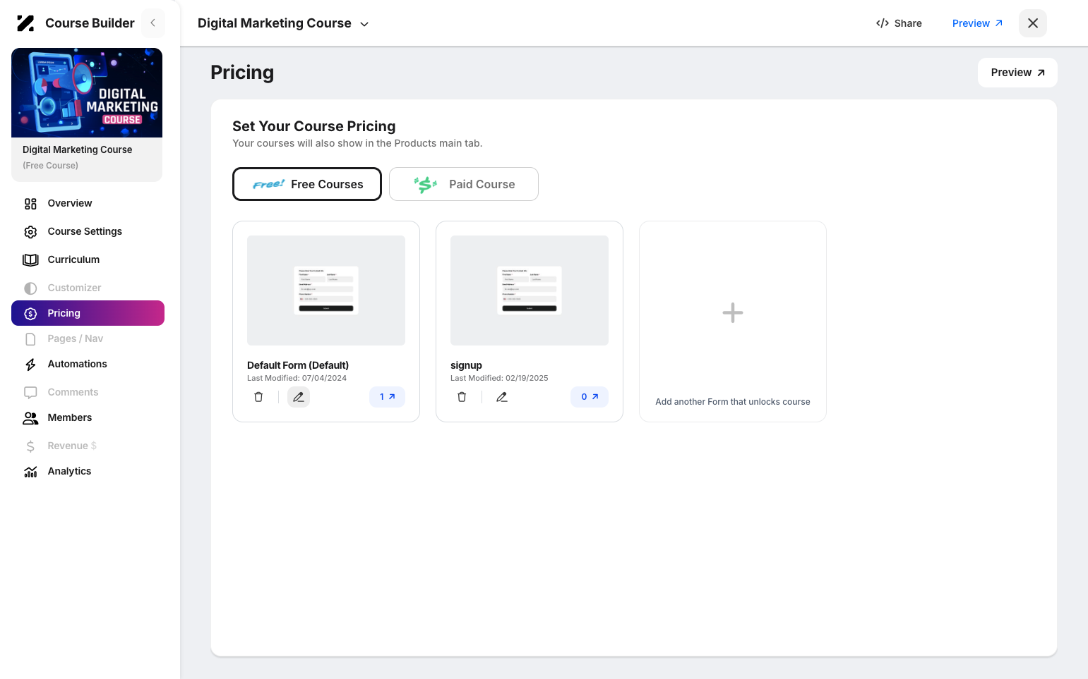 Step 3: Click on the Pricing tab on the sidebar then click the pencil icon on a selected form to edit it