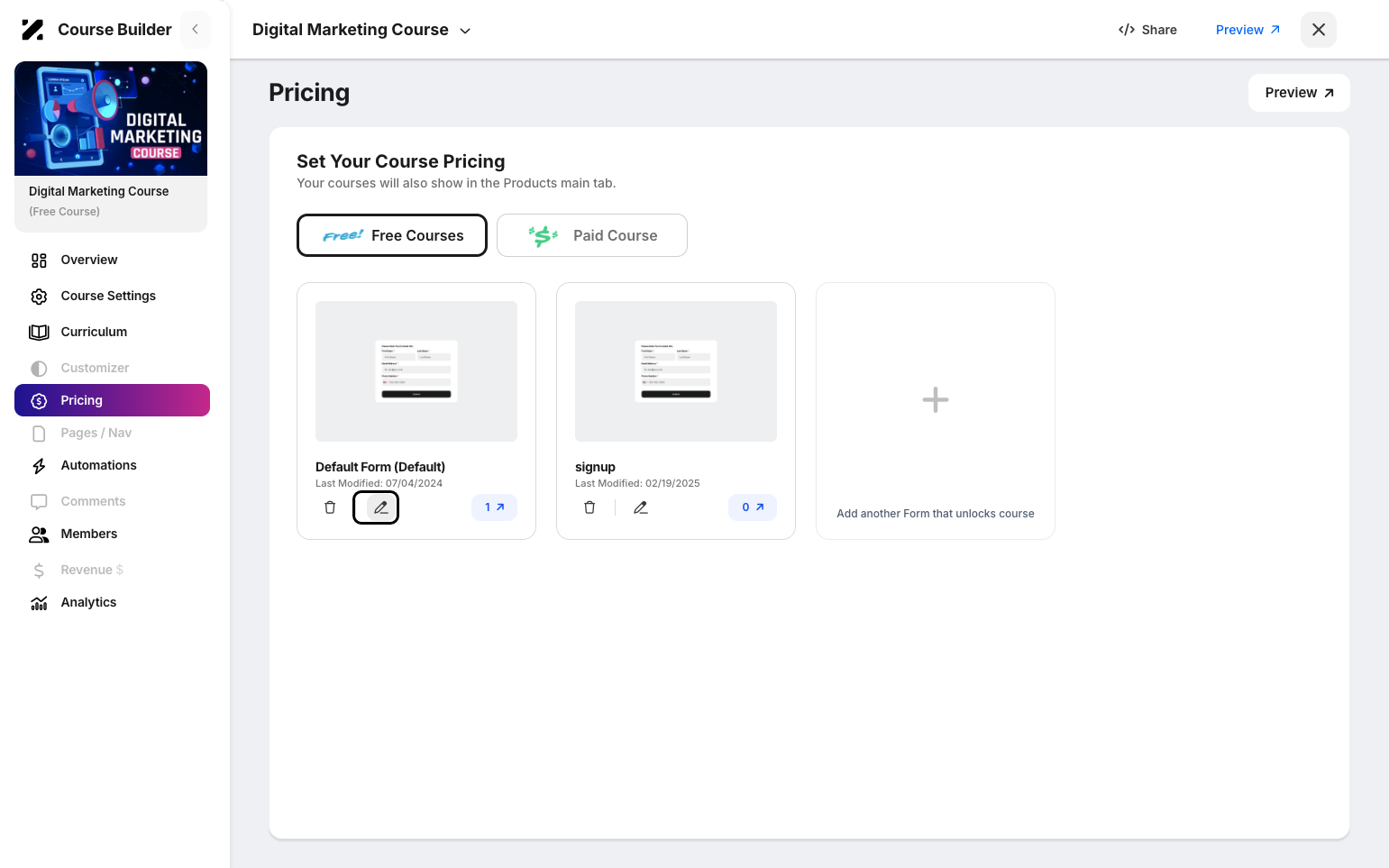 Step 3: Click on the Pricing tab on the sidebar then click the pencil icon on a selected form to edit it