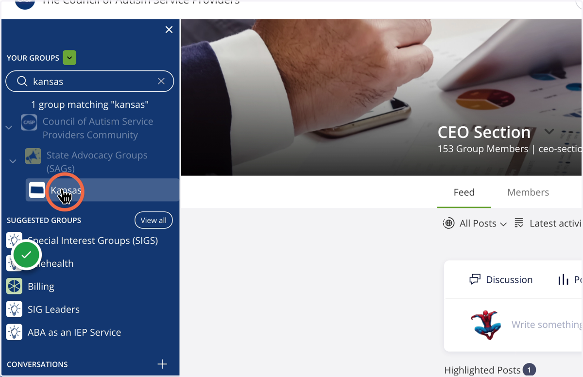 Click on the group of interest to view or create posts in that group.
