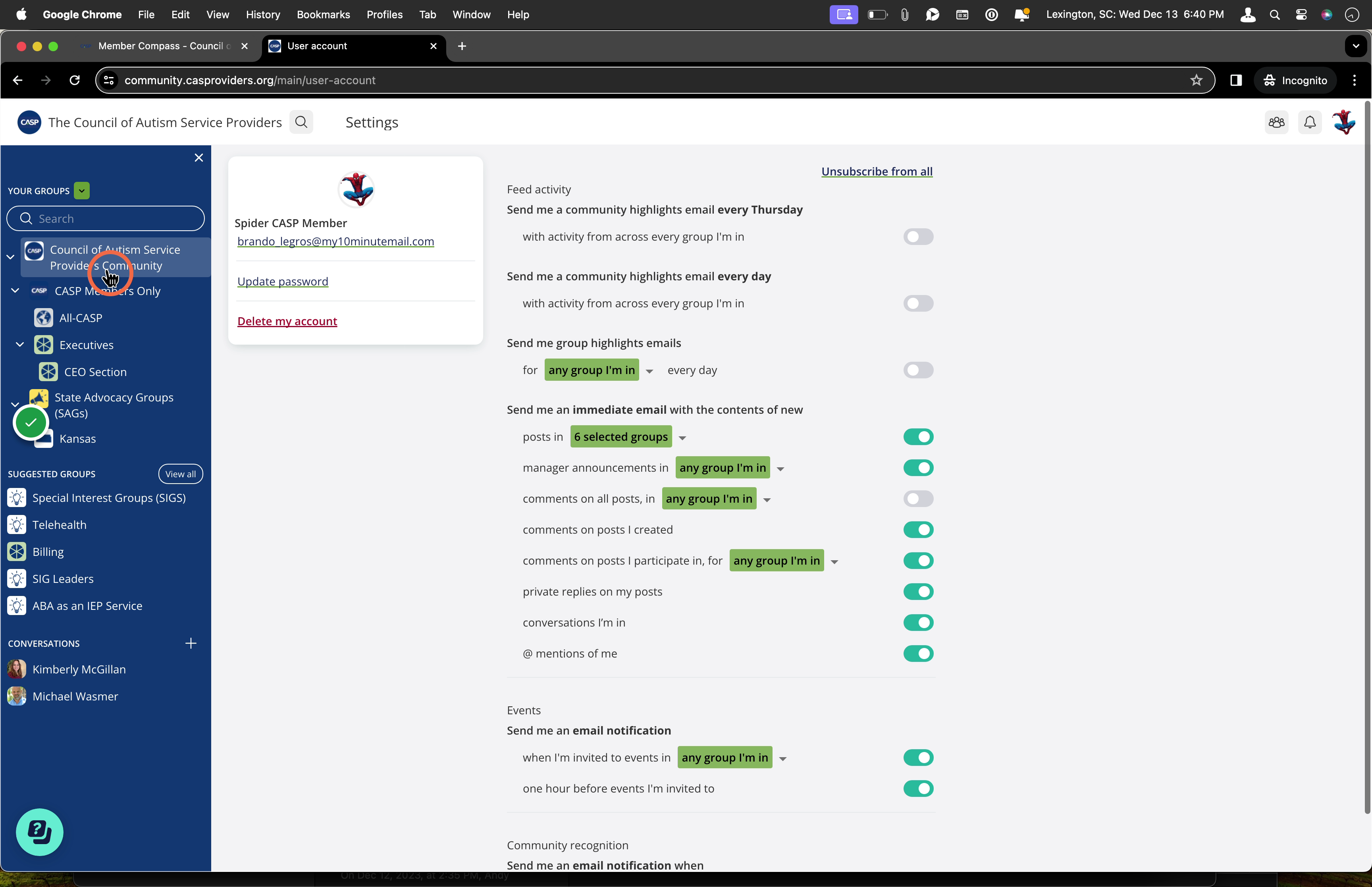 Customize your email settings by group or community