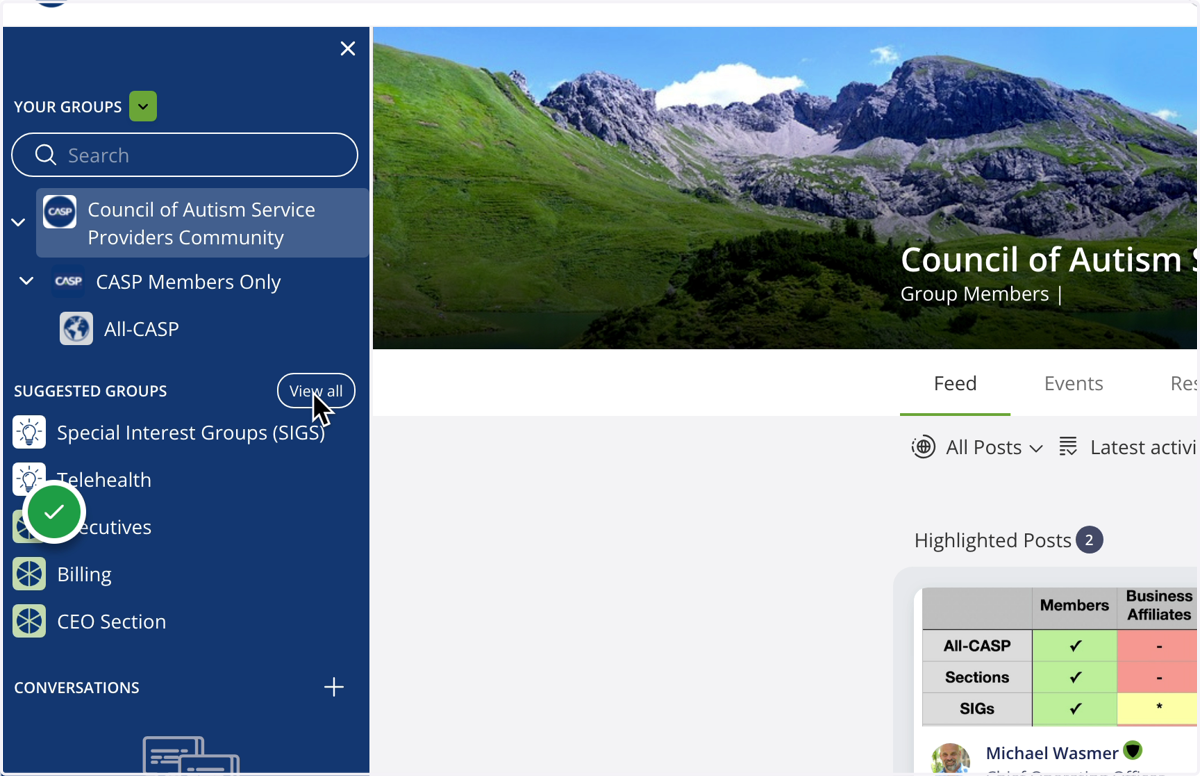 To join a group, you can either a) click the "View all" button next to "Suggested Groups," or b) enter the name of the group of interest in the search bar.