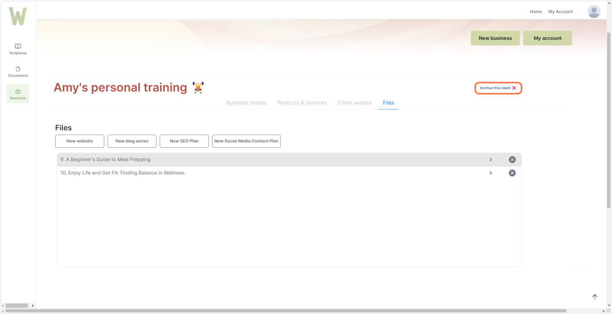 To delete a business or brand click on 'Archive this client'
