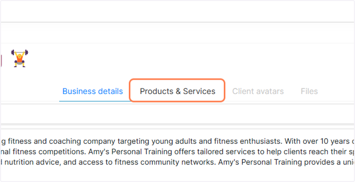 To add some products or services and their descriptions, click on the Products & Services tab