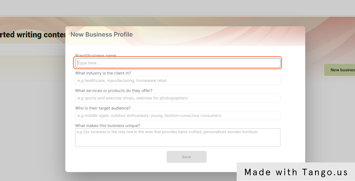 The New Business Profile Window will appears