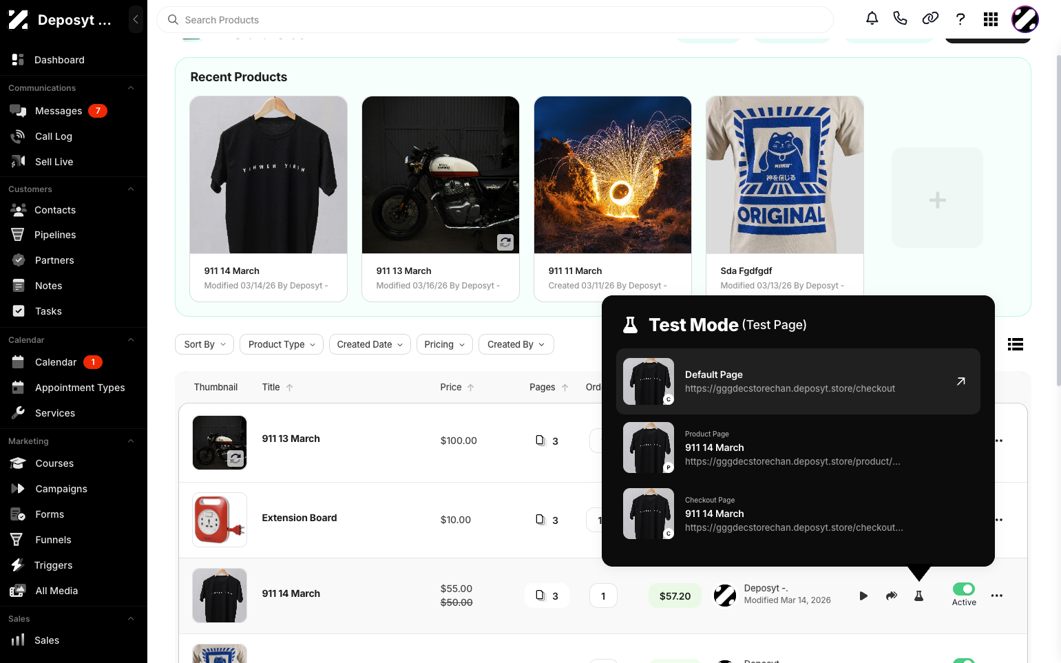 Step 4: A pop-up will appear where you can view the test pages, including the Default Page, Product Page, and Checkout Page.