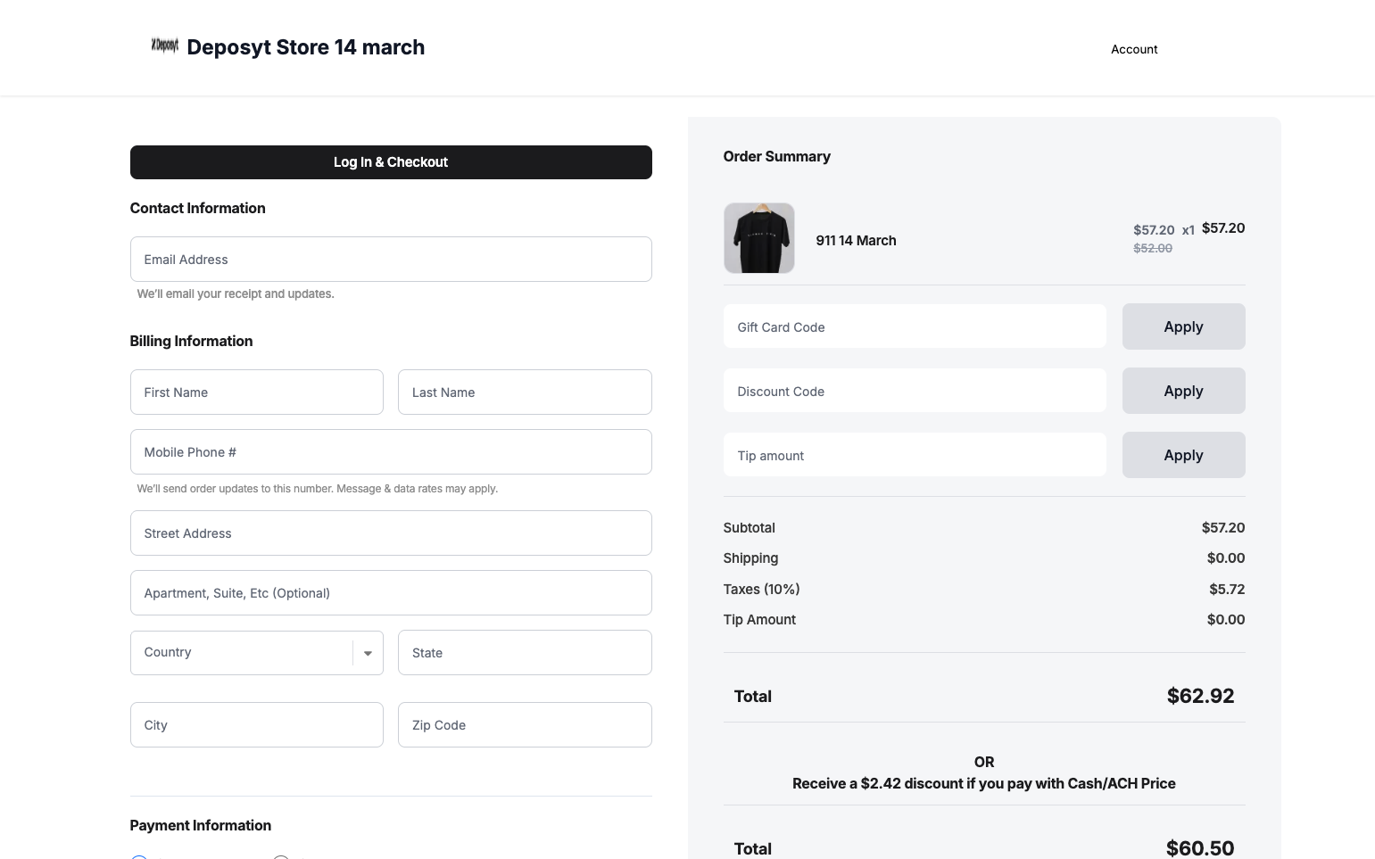 Step 9: You will now be directed to the Checkout Test Page. The page is formatted with Contact Information and Billing Information on the left side, and the Order Summary on the right side, where you can see the total price before checkout.