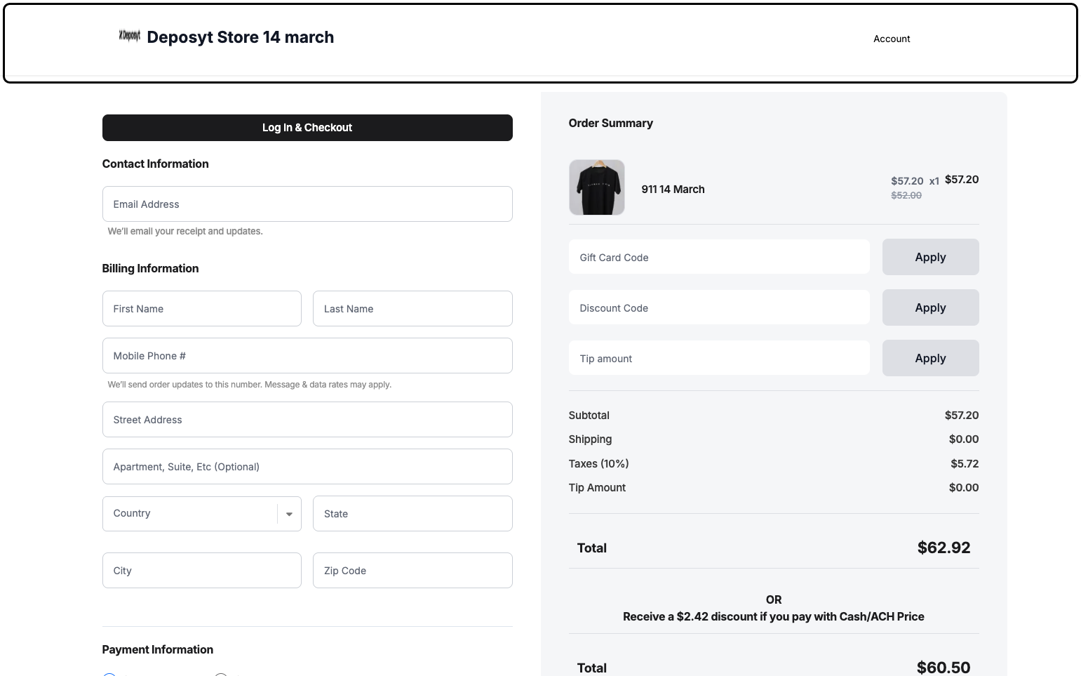 Step 9: You will now be directed to the Checkout Test Page. The page is formatted with Contact Information and Billing Information on the left side, and the Order Summary on the right side, where you can see the total price before checkout.