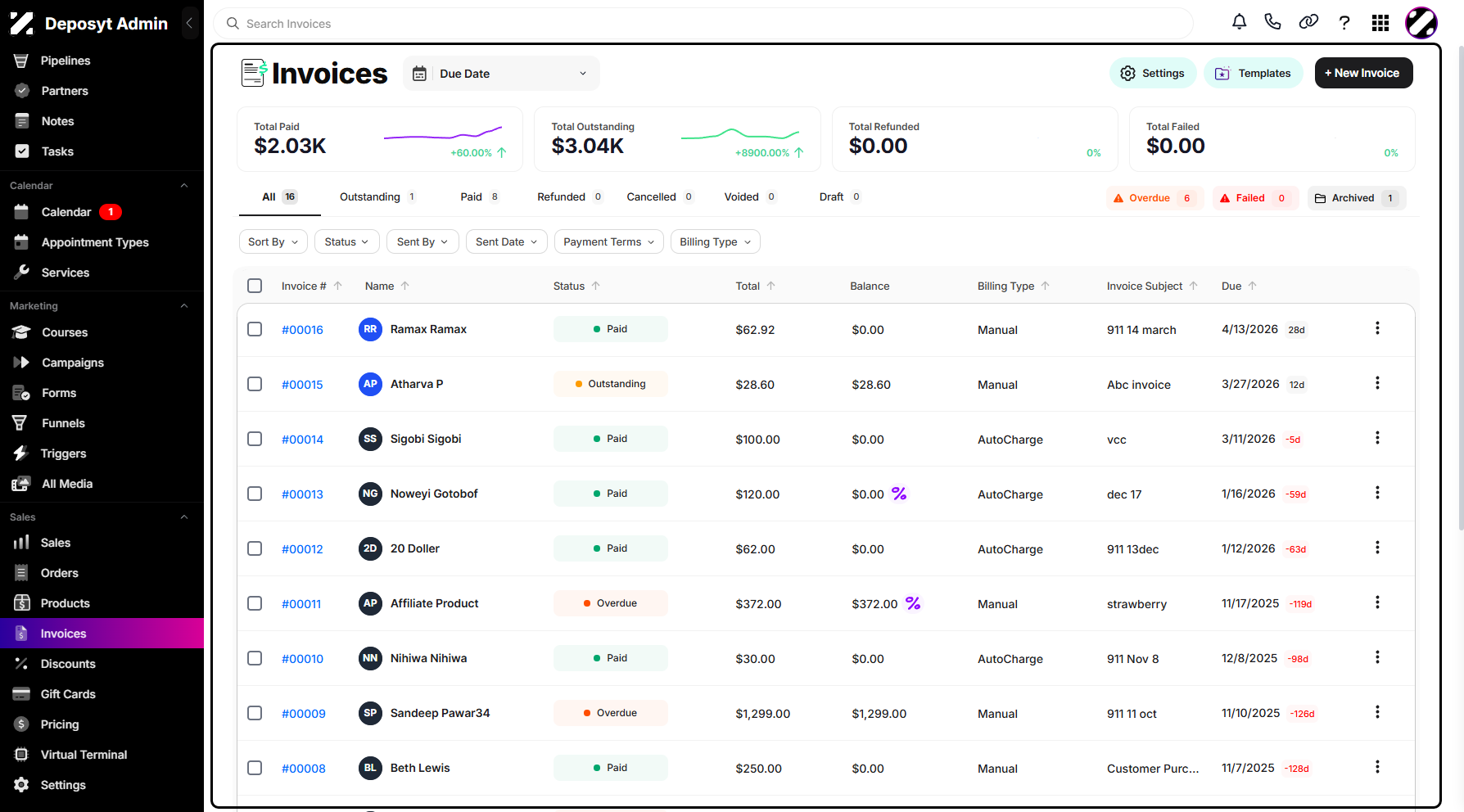 Step 3: You will then be navigated to the Invoices tab. An Invoice is a document that a business sends to a customer to request payment for products or services provided. It lists the details of the transaction so the customer knows exactly what they are paying for.