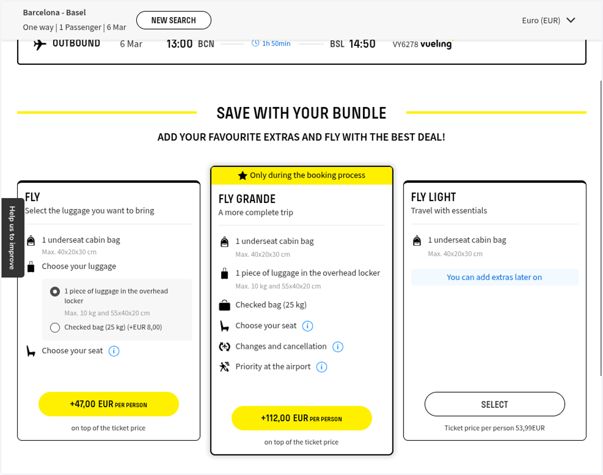 Select VY6278Operated by 1h 50minDirect 13:00BCN14:50BSL54 €The price includes:+Please select a flight to continue