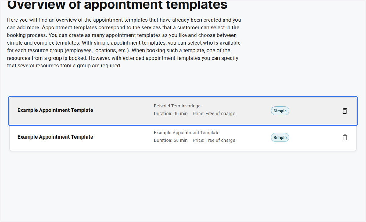 Click on the appointment template you want to edit