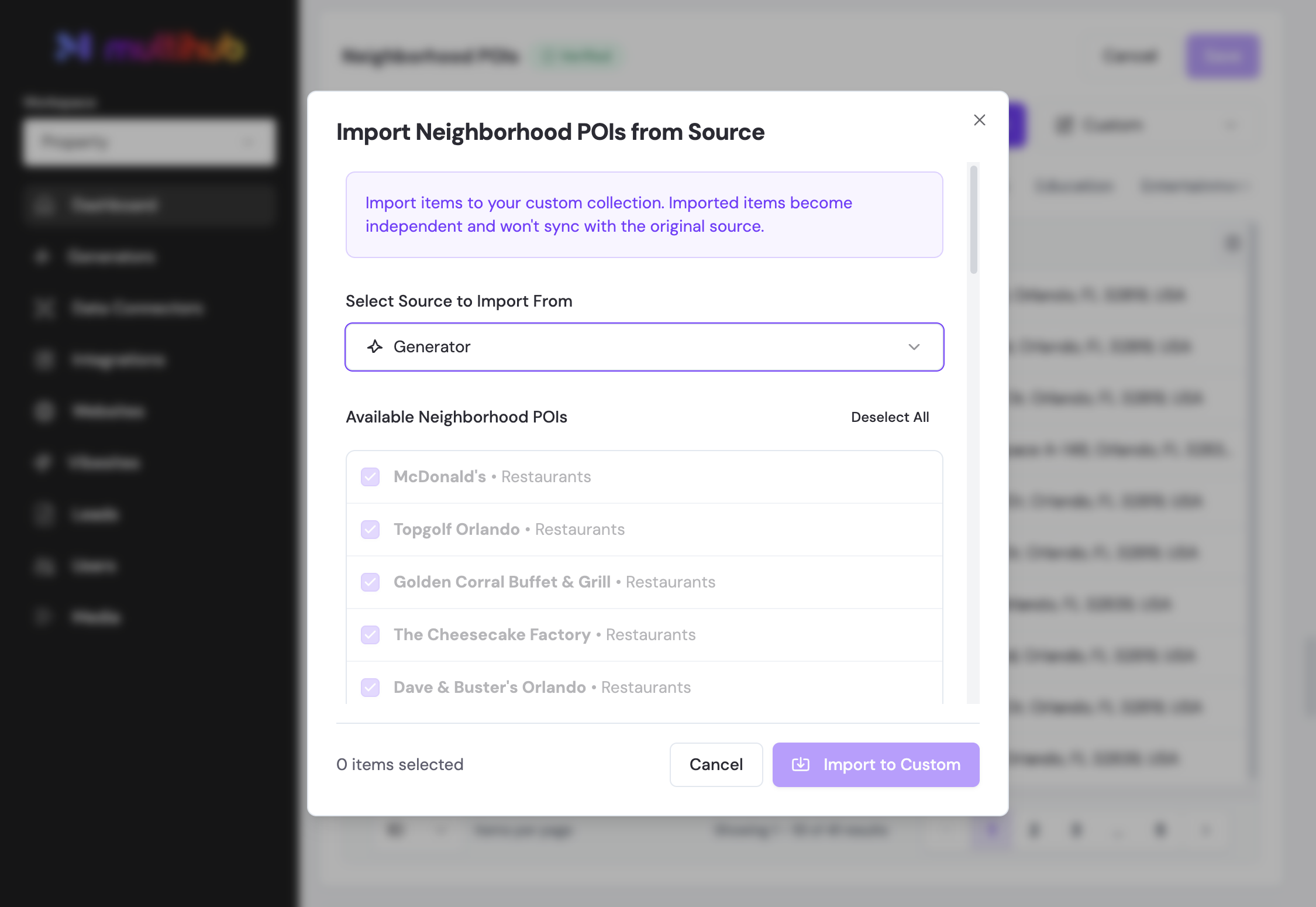Click on Select Source to import existing POIs from apartments.com, Google Places, or Repli's Generator