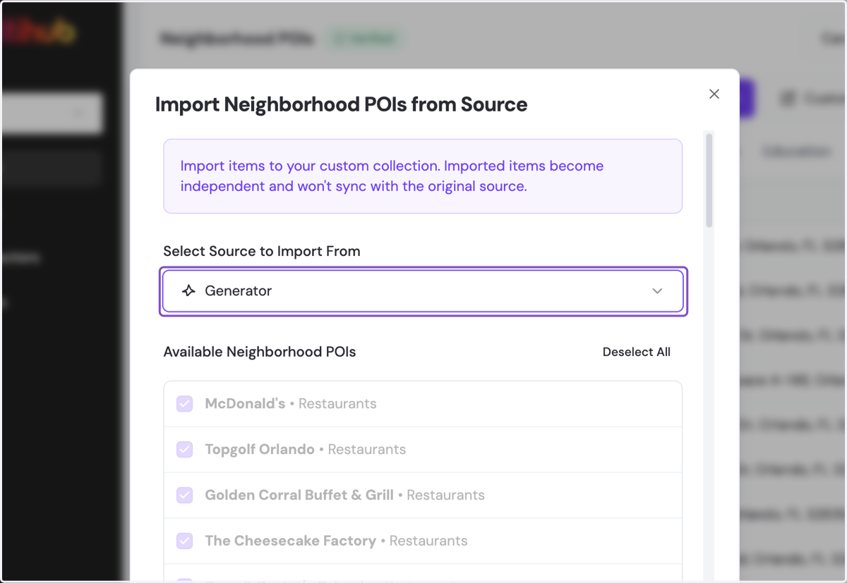 Click on Select Source to import existing POIs from apartments.com, Google Places, or Repli's Generator