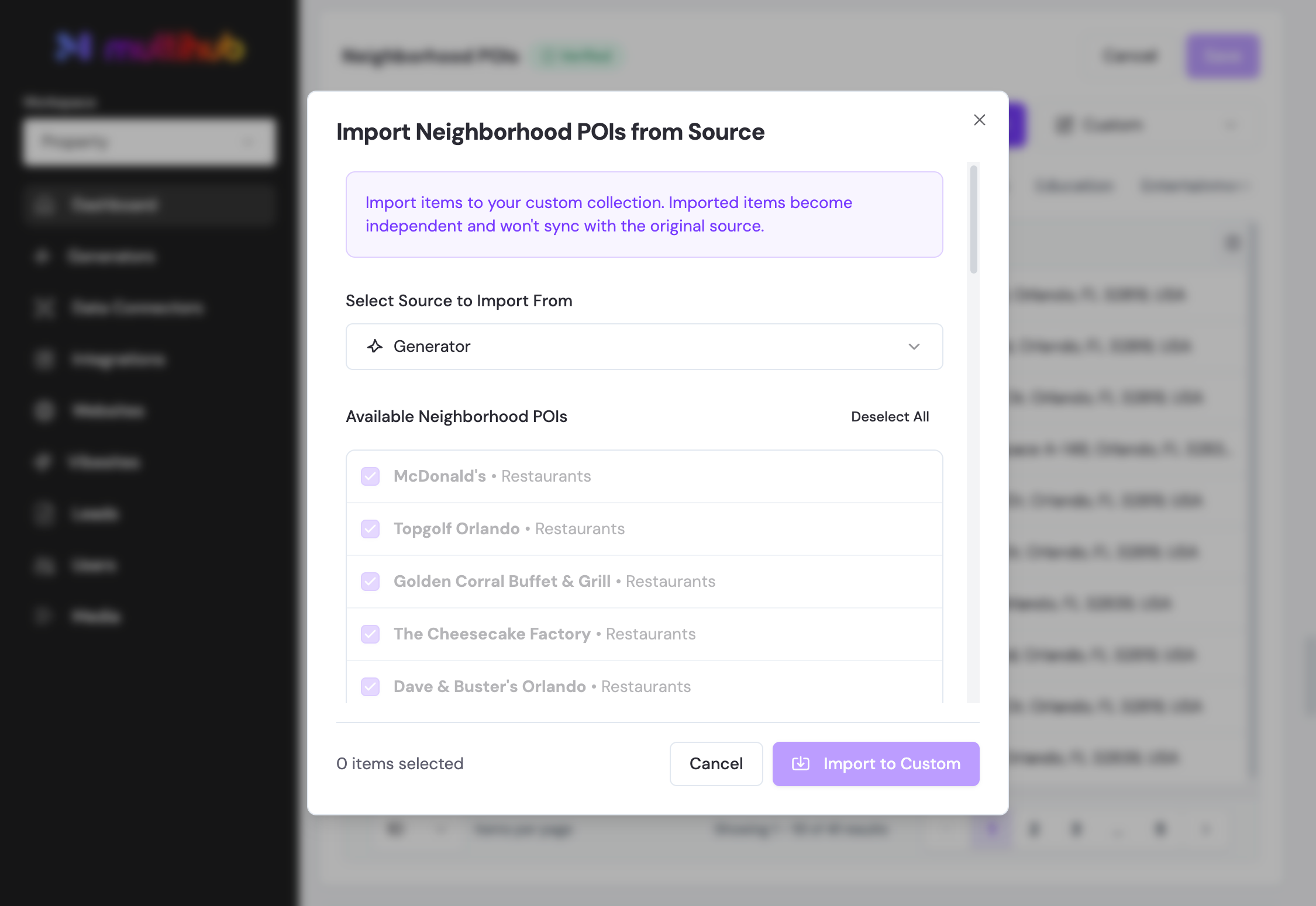 Select any of the POIs you'd like to import and click Import to Custom
