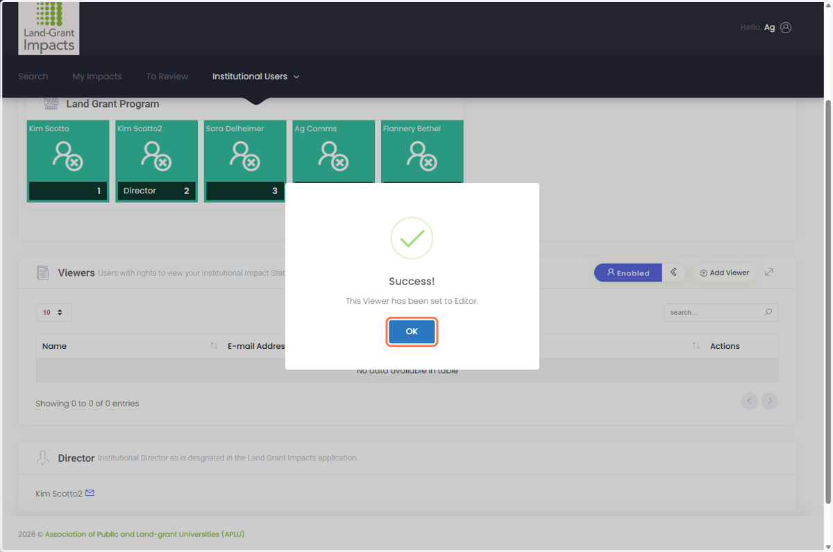 You will see the user move from the Viewer to the Editor section. Because the user already had an account, they will not receive an email about the change. Please let them know that you've added them.