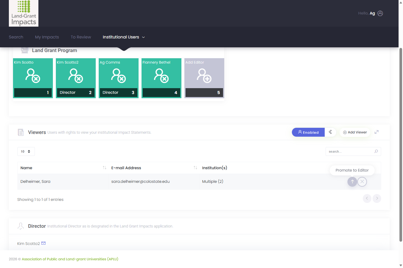 Find the user in the viewer section you'd like to promote, and click the up arrow button.