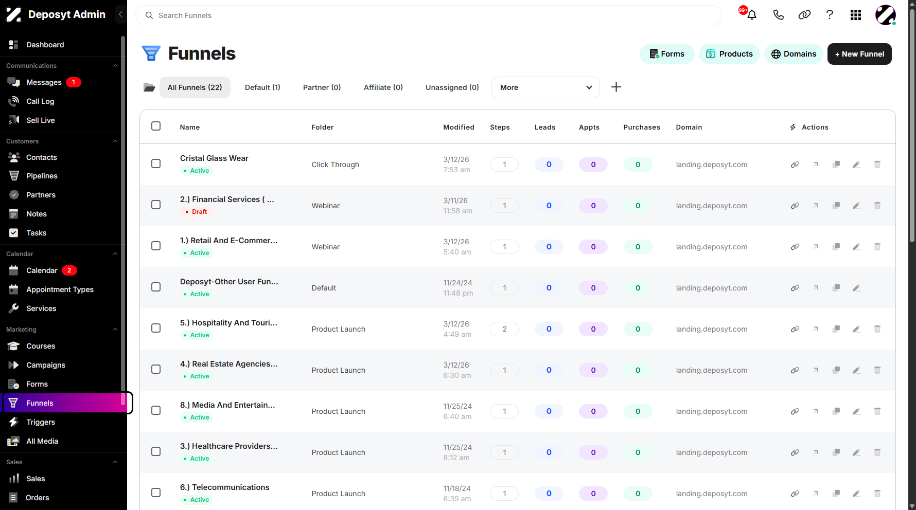Step 1: On your Dashboard, navigate to the Funnels tab under the Marketing section.