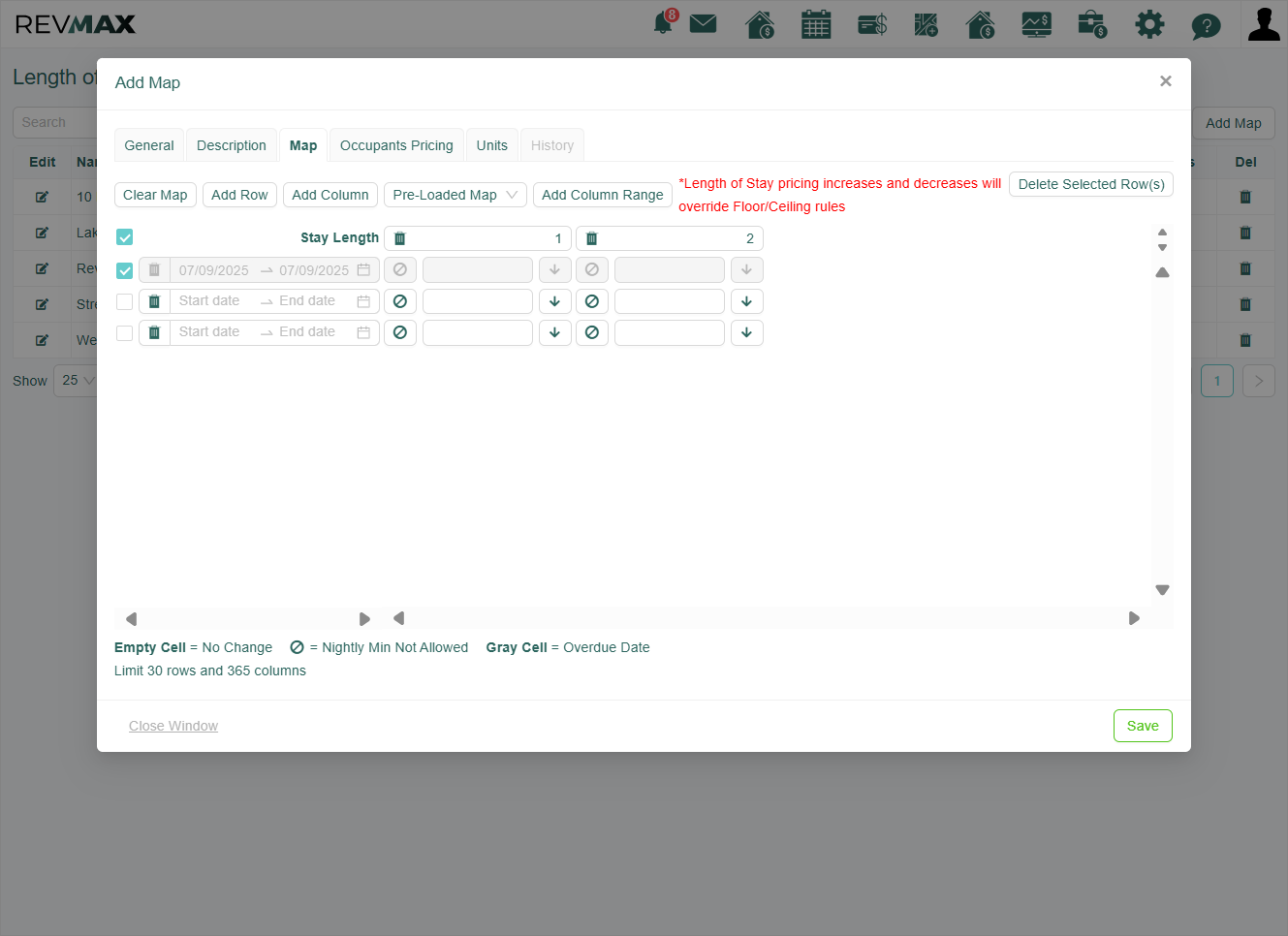 The Map tab is where you configure all the essential settings for your LOS (Length of Stay) pricing. We’ll go over each button and its function in the following steps.