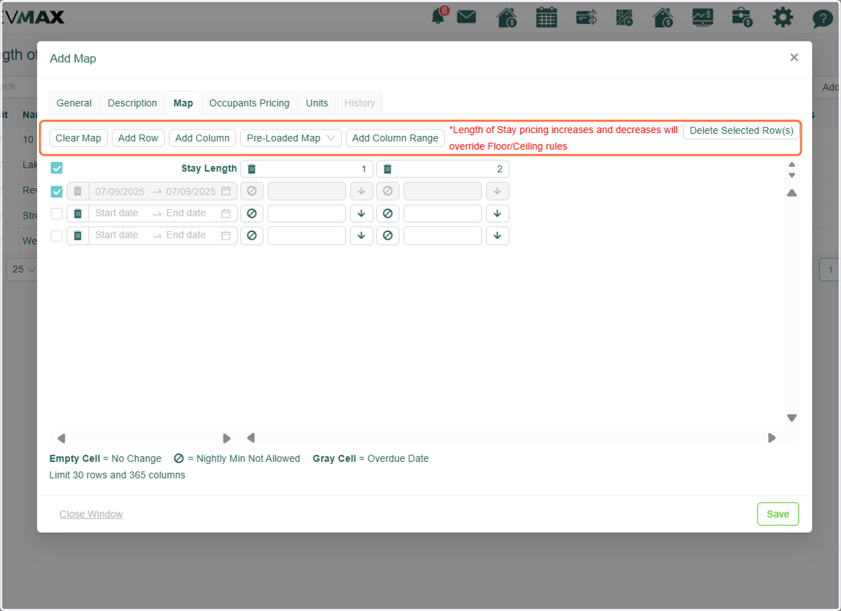 The Map tab is where you configure all the essential settings for your LOS (Length of Stay) pricing. We’ll go over each button and its function in the following steps.