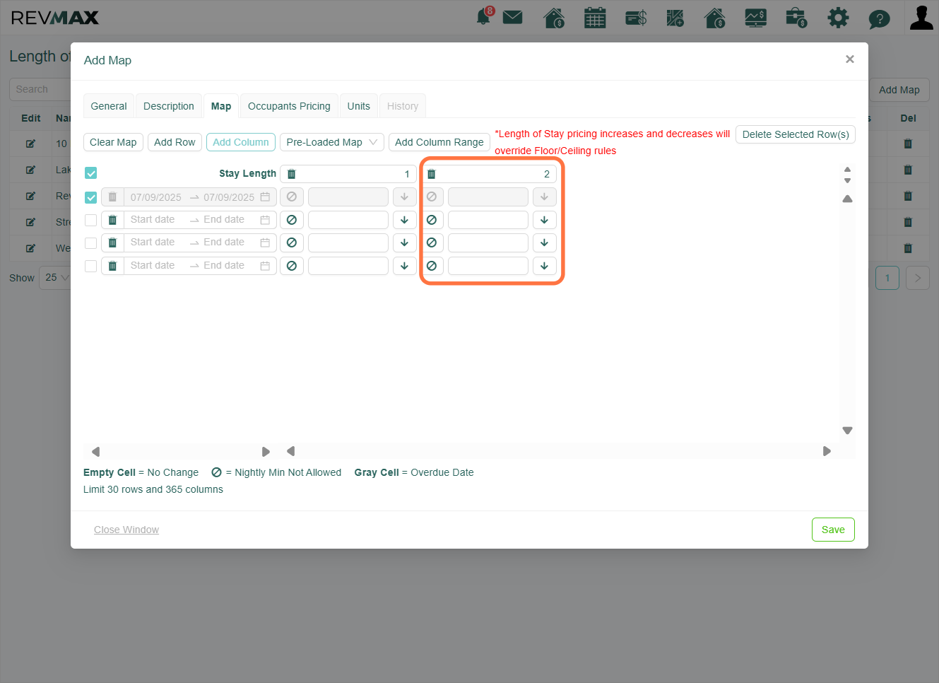 The "Add Column" button allows you to insert night minimum columns that align with the date periods/rows you've previously added.