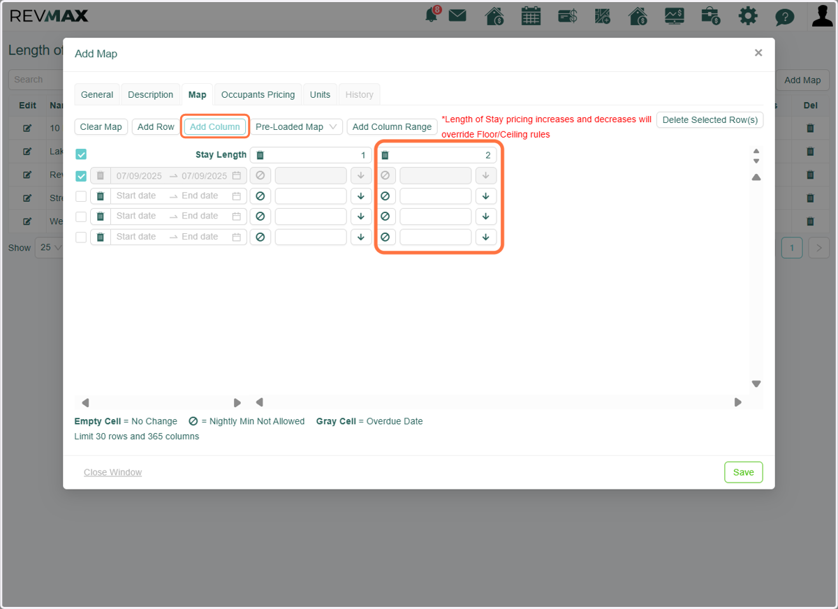 The "Add Column" button allows you to insert night minimum columns that align with the date periods/rows you've previously added.