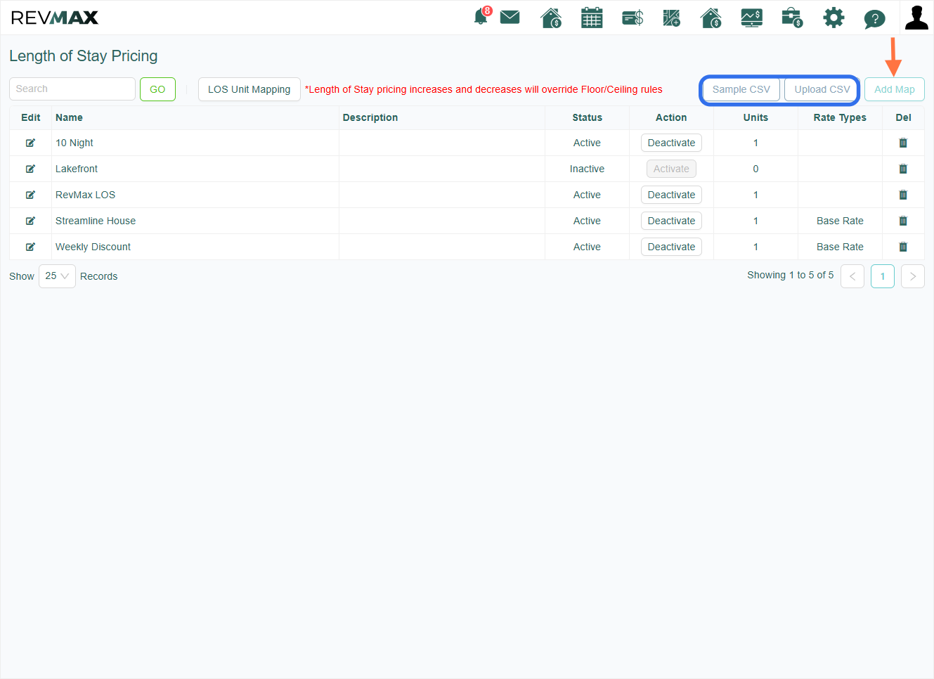Once you're on the Length of Stay page, click the 'Add Map' button to get started. You also have the option to upload a CSV file as your map. If you'd like guidance on formatting your CSV file for the LOS Map, simply click on 'Sample CSV' for a refer