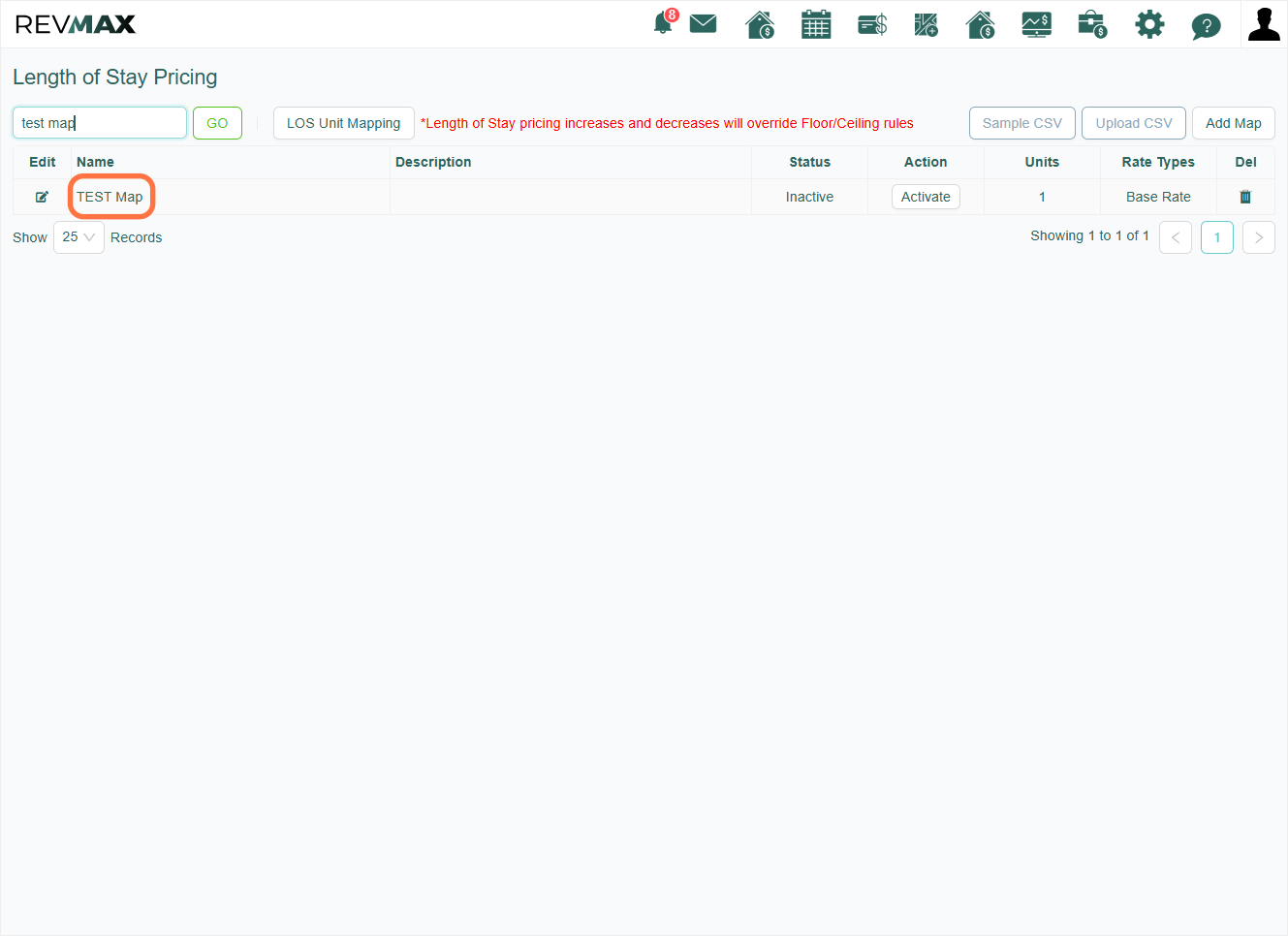 Once you've saved your map, it will appear on the Length of Stay Pricing page. To activate LOS pricing, make sure to click the Activate button.